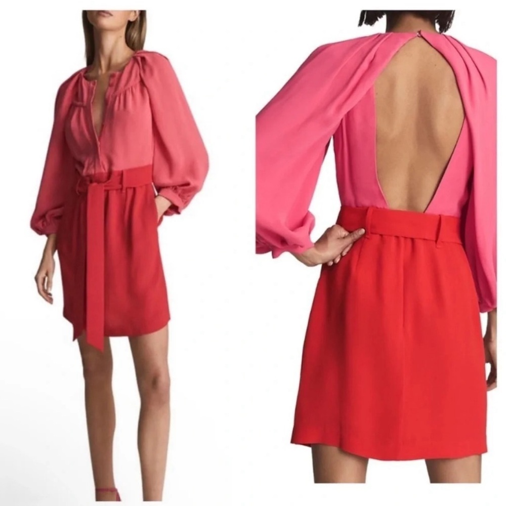 Reiss NEW Valentina color clash color block mini Dress pink red size 2